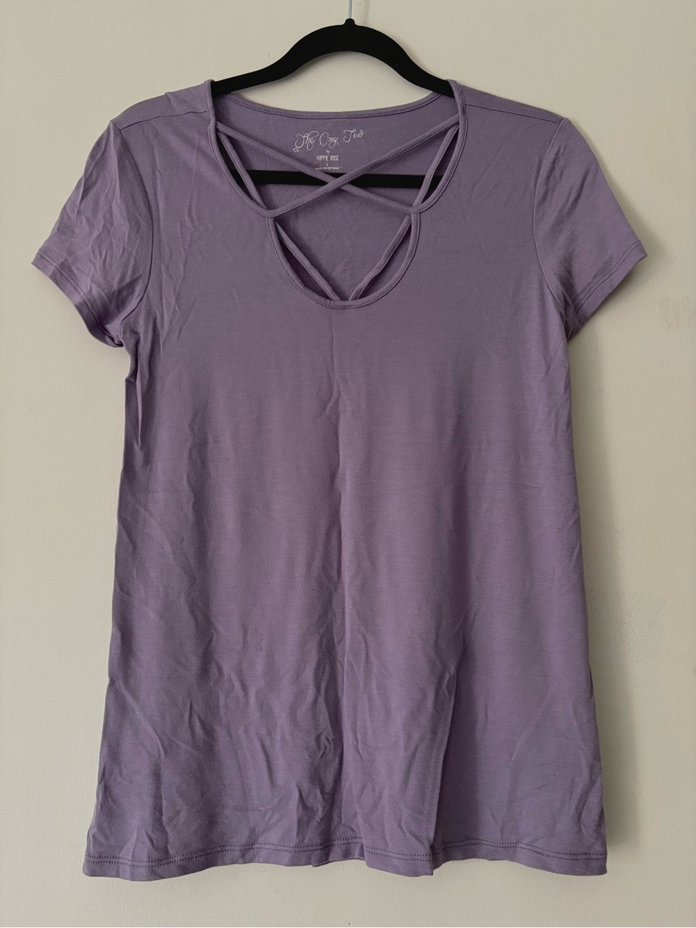 Lavender Purple Short Sleeve Top with Criss-Cross V-Neck Cut Out.